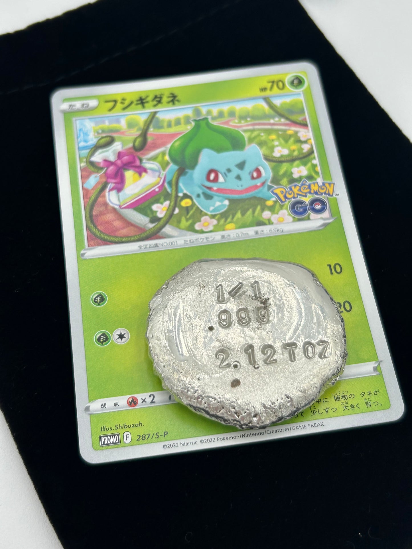 PokéPours Bulbasaur Pirates Treasure - 2.12 Troy Ounces of pure .999 Silver + Bulbasaur #287/S-P Japanese Promo Card