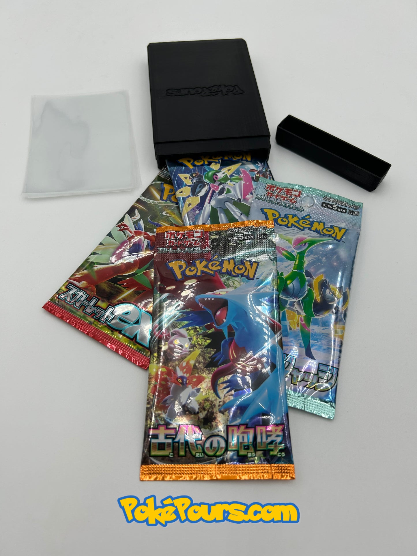 Pokémon Budget Booster Bundle: 4 different Japanese Booster Packs + Card covers + Secure Shipper